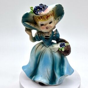 Vintage Ceramic Figurine Japan Blue Bonnet Girl Flower Basket Southern Belle